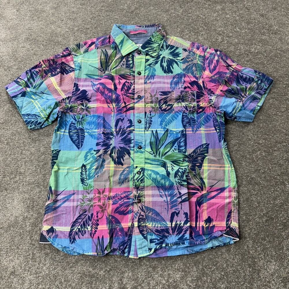 Tommy Bahama Madras Plaid Floral Shirt M Tropical Island Vibes Resort Wear Beach